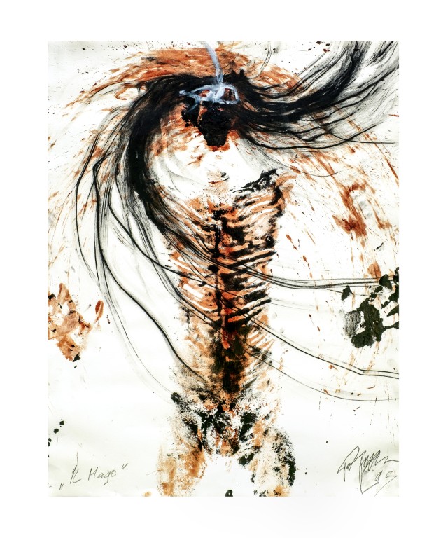 Peter Gilles, Il Mago, 1995, Blut und Kohlestift auf Papier, 109 x 77 cm © VG Bild-Kunst, Bonn 2026,  Foto: Susanne Belau