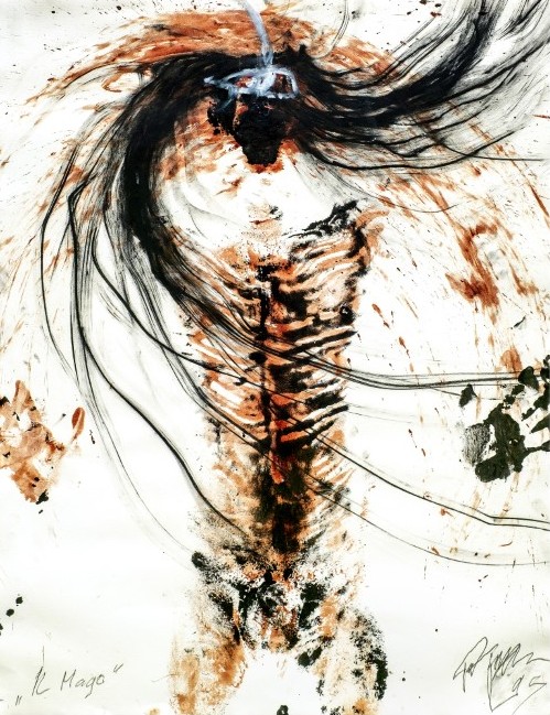 Peter Gilles, Il Mago, 1995, Blut und Kohlestift auf Papier, 109 x 77 cm © VG Bild-Kunst, Bonn 2026,  Foto: Susanne Belau