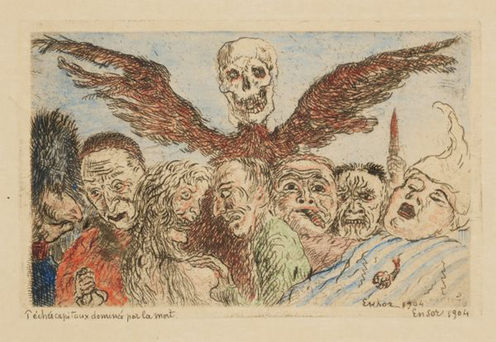 James Ensor, Die Todsünden vom Tode beherrscht, 1904, Radierung, handkoloriert,8,4 x 13,4 cm, Sammlung Quinensor, Ostende, Foto: Steven Decroos