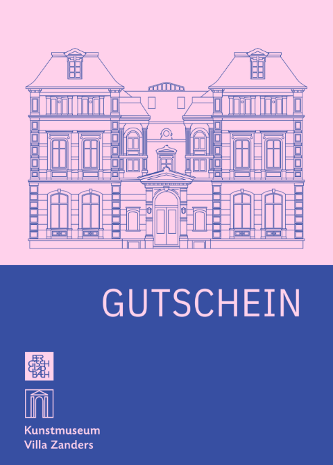 Gutschein für einen freien Eintritt in das Kunstmuseum Villa Zanders. In der oberen Hälfte ist die Silhouette der Villa Zanders auf rosa Hintergrund zu sehen. Darunter ist ein dunkelblaues Feld mit dem Wort Gutschein in Rosa. 