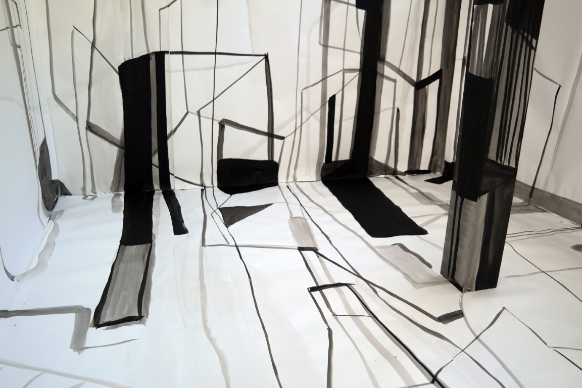 Monika Bartholomé, Berliner Zimmer, 2021, Tusche und Acryl auf Papier, Foto: Claudia Busching