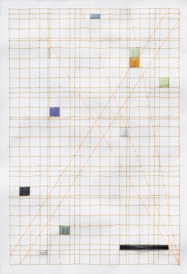 Grid yellow small 3, 2020, Garn auf Leinwand, 28 x 19 cm